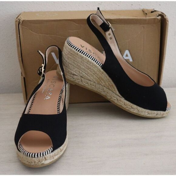 VISCATA Women's Sz 7 Black Gavina Canvas Slingback Espadrille Sandal Wedge - Picture 1 of 6